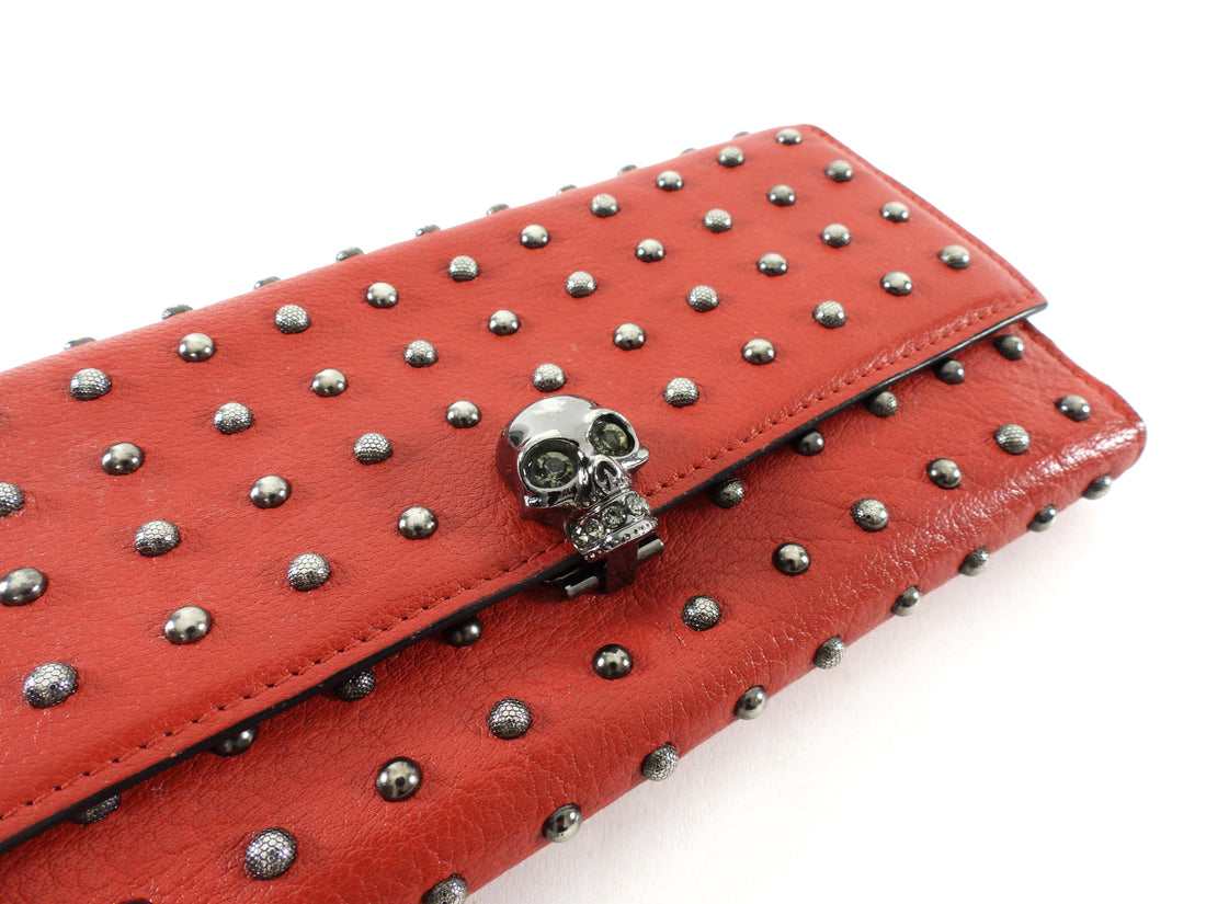 Alexander McQueen Studded Red Leather Skull Medium Trifold Wallet