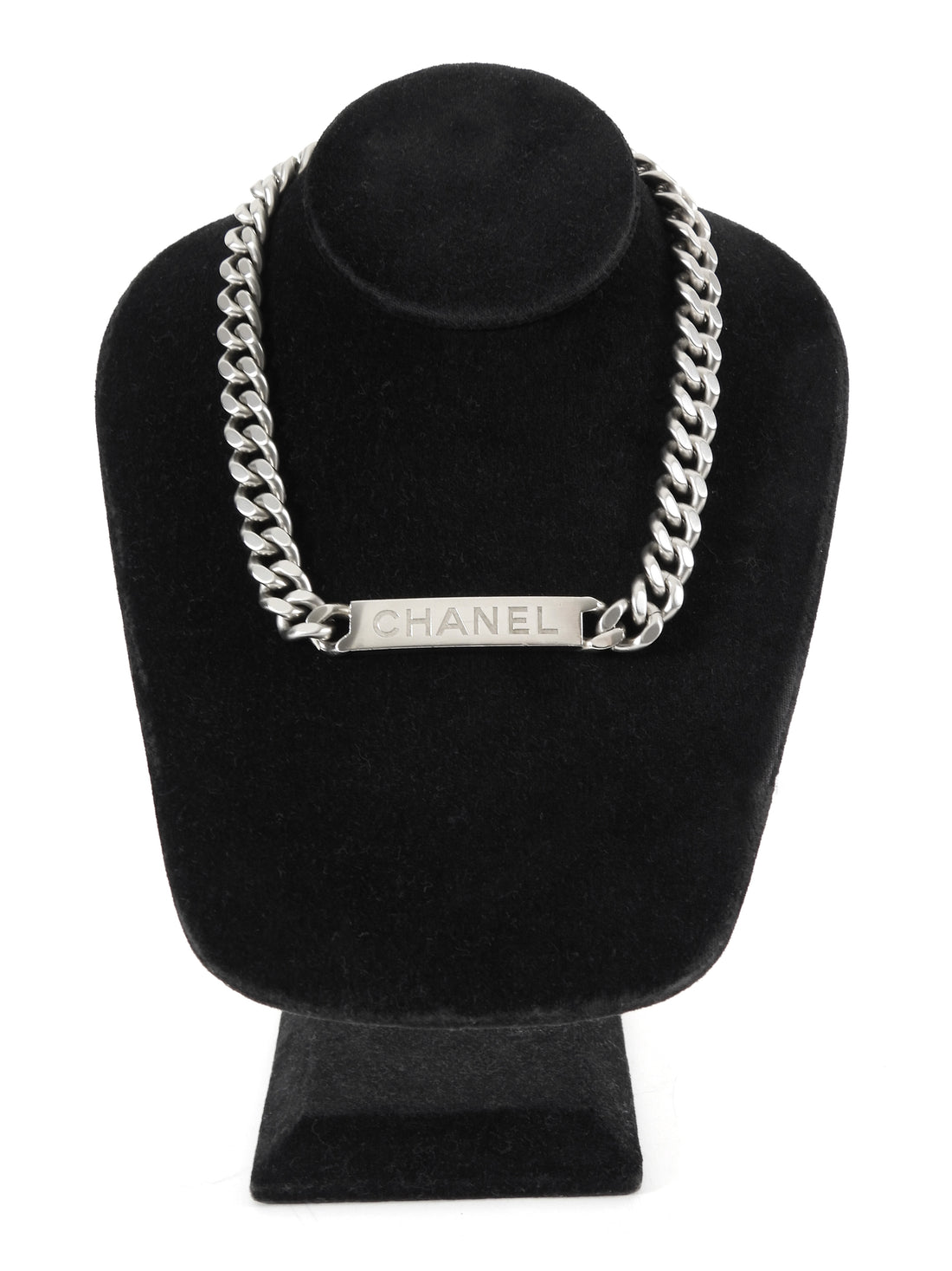 Chanel Silver Curb Link Chain Matte Silvertone ID Logo Bar Necklace