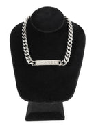 Chanel Silver Curb Link Chain Matte Silvertone ID Logo Bar Necklace