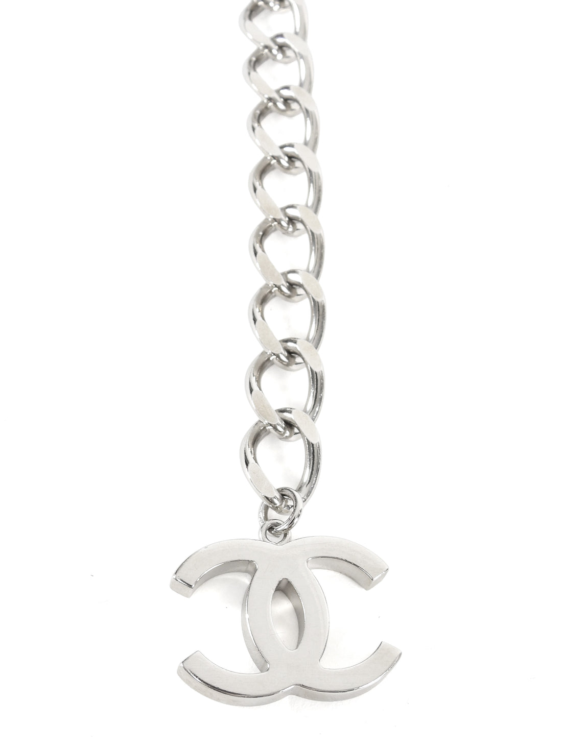 Chanel Silver Curb Link Chain Matte Silvertone ID Logo Bar Necklace