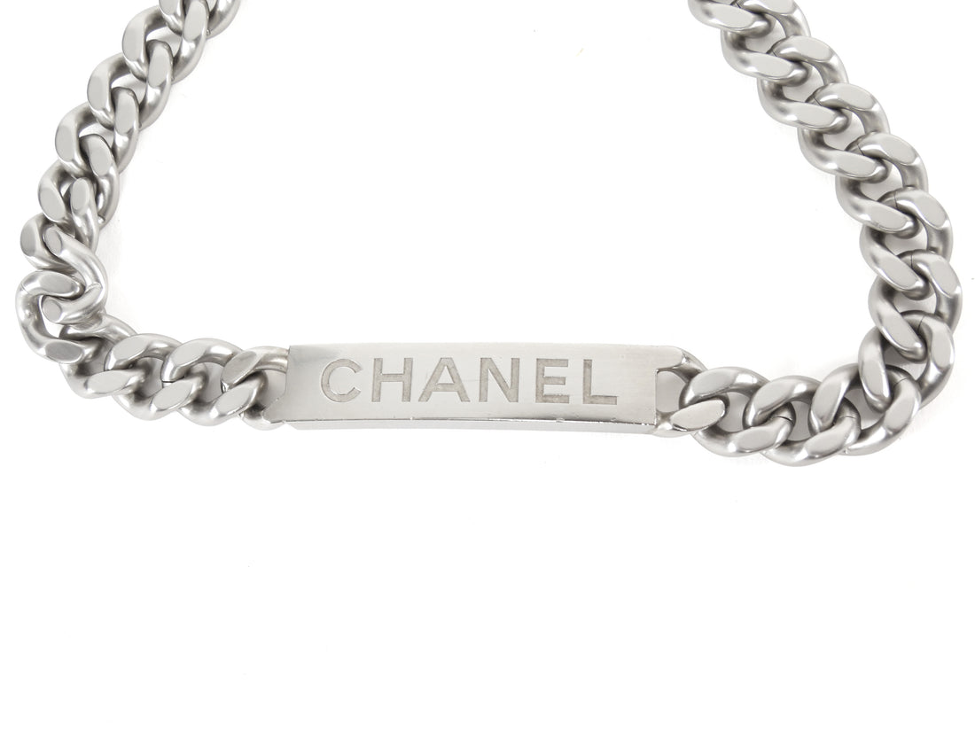 Chanel Silver Curb Link Chain Matte Silvertone ID Logo Bar Necklace