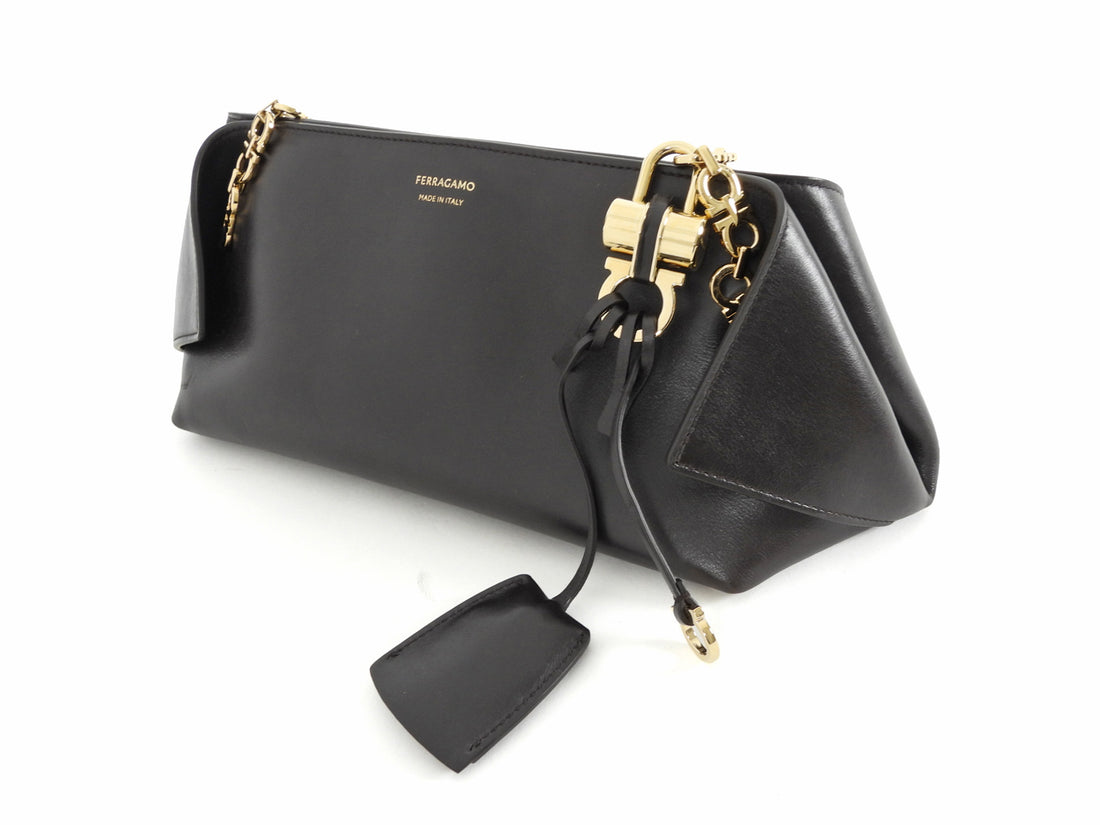 Ferragamo Brown Smooth Folded Leather Gancini Chain Small Shoulder Bag