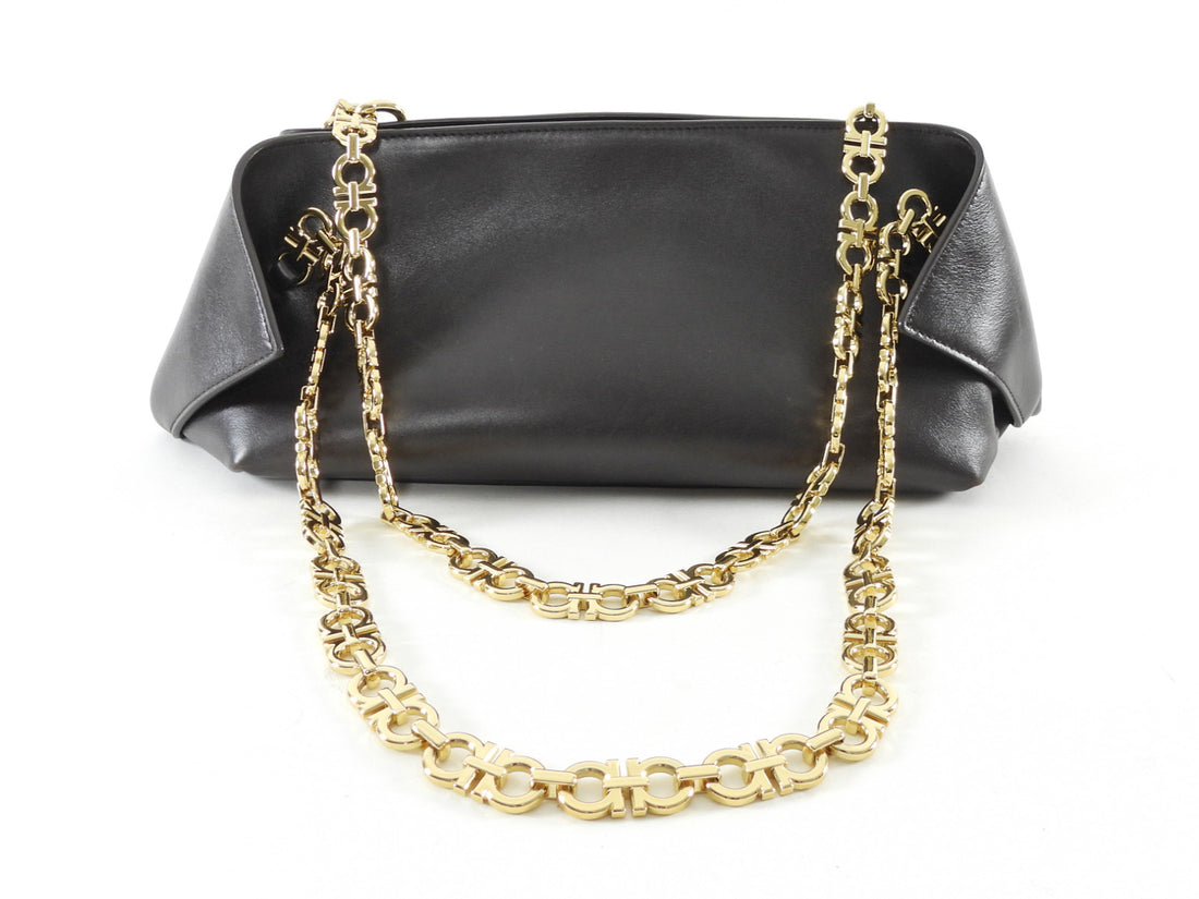Ferragamo Brown Smooth Folded Leather Gancini Chain Small Shoulder Bag