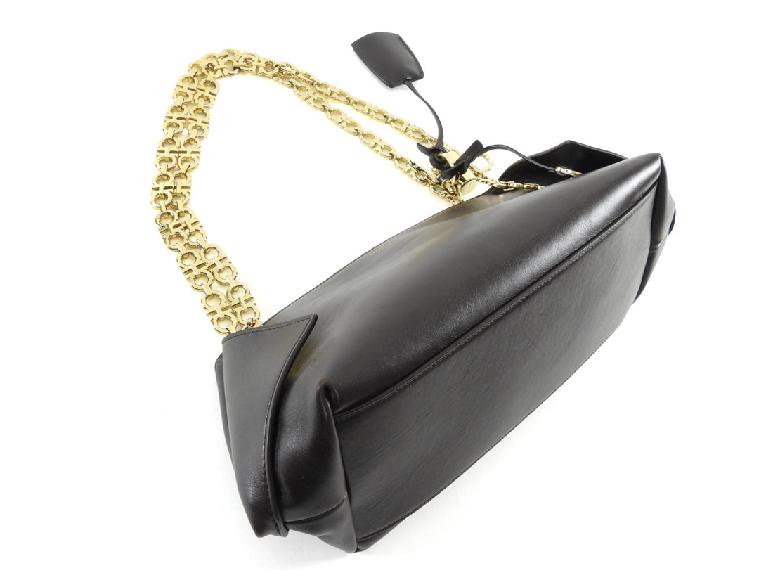 Ferragamo Brown Smooth Folded Leather Gancini Chain Small Shoulder Bag