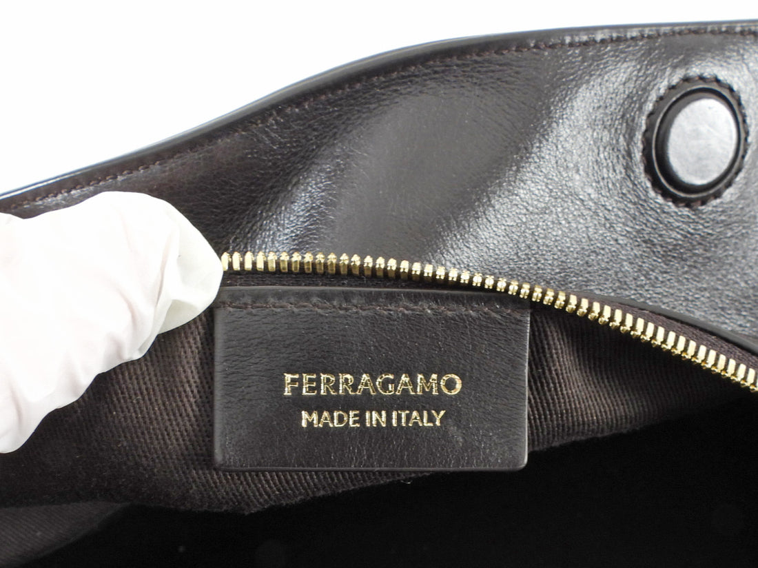 Ferragamo Brown Smooth Folded Leather Gancini Chain Small Shoulder Bag
