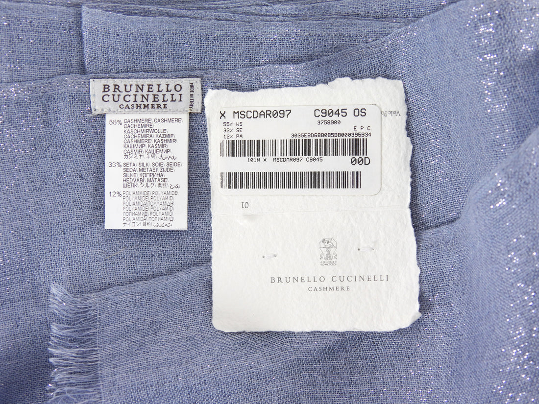 Brunello Cucinelli Steel Blue Grey Cashmere Blend Shimmer Shawl Scarf
