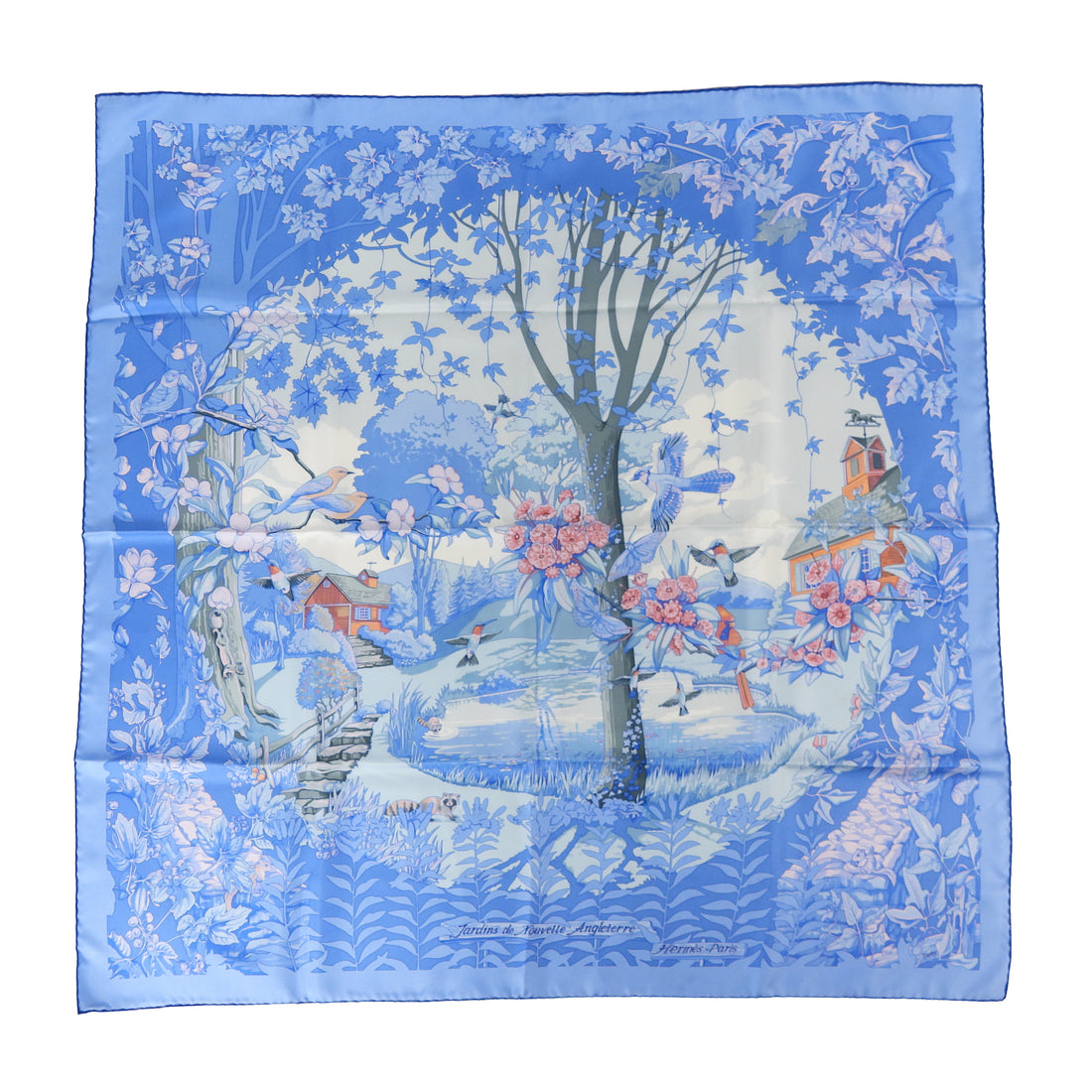 Hermes Blue Jardins de Nouvelle Angleterre Silk 90cm Scarf