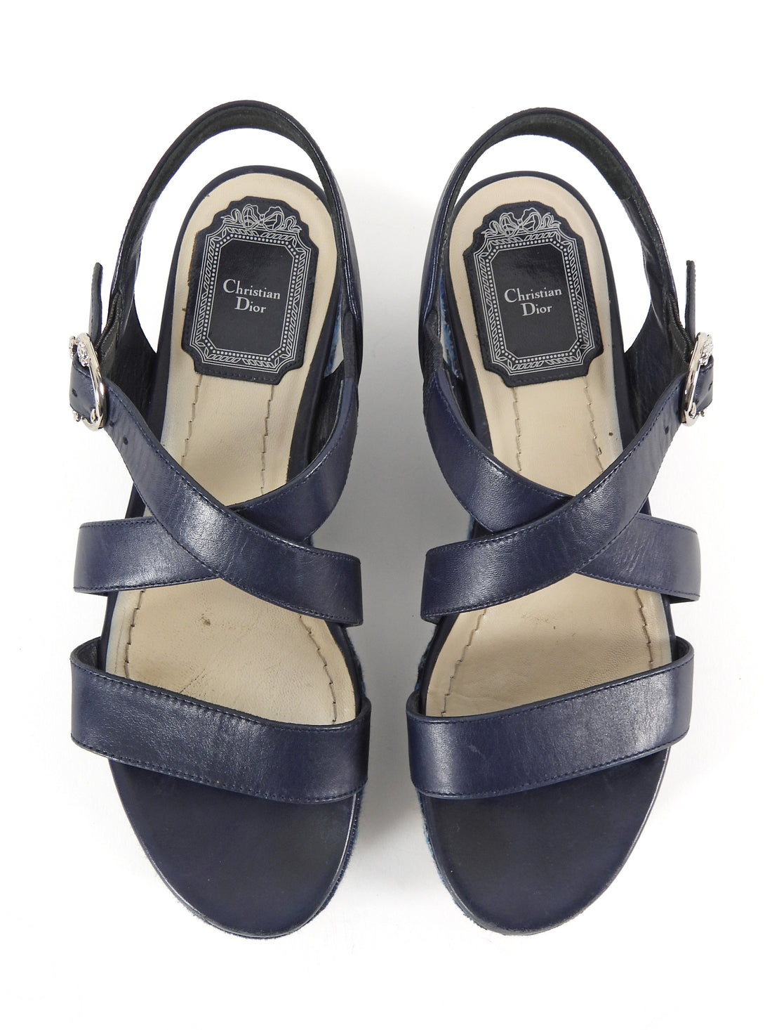 Dior Navy Blue Embroidered Denim Prairie Leather Platform Sandals - 36