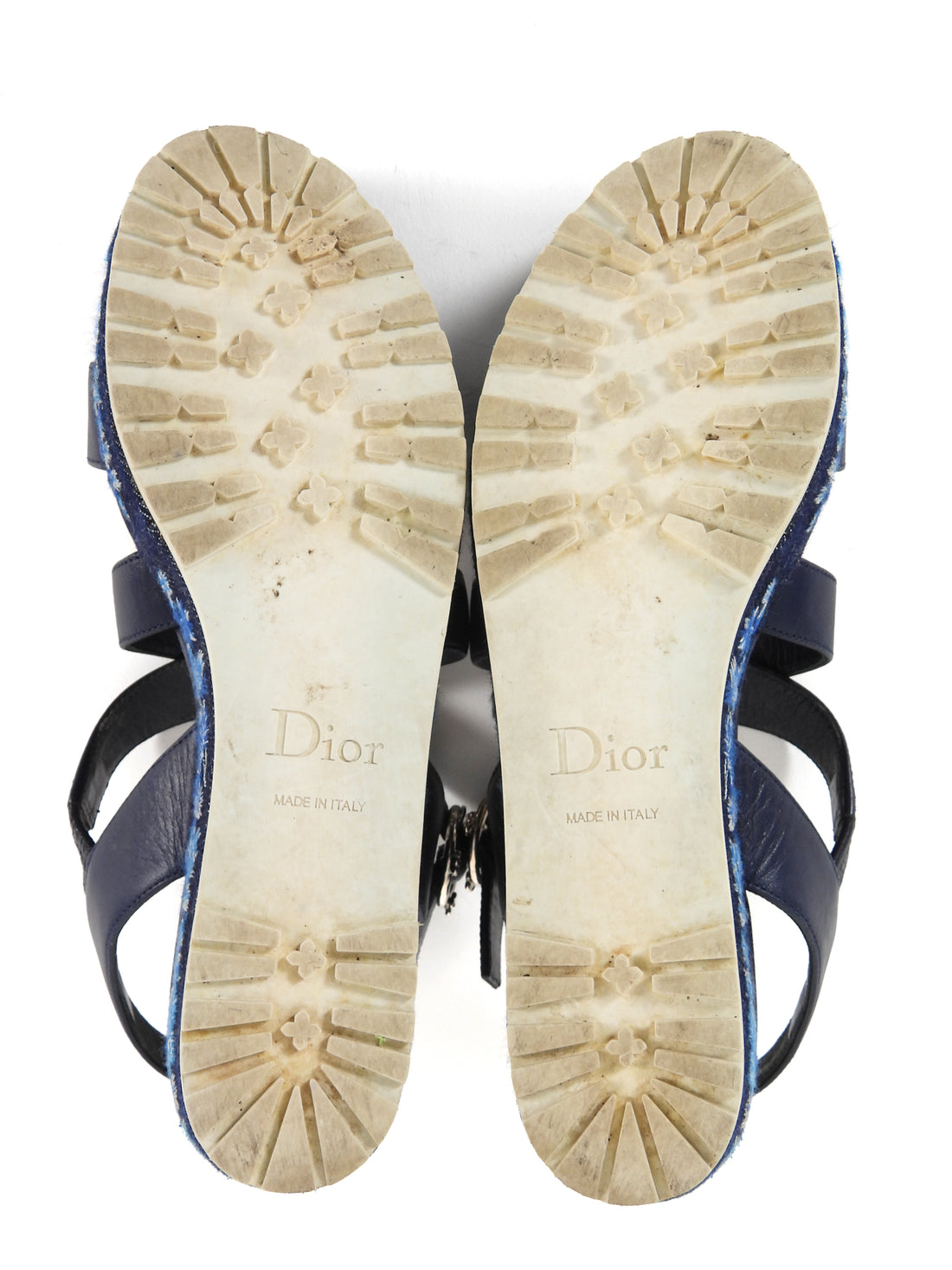 Dior Navy Blue Embroidered Denim Prairie Leather Platform Sandals - 36