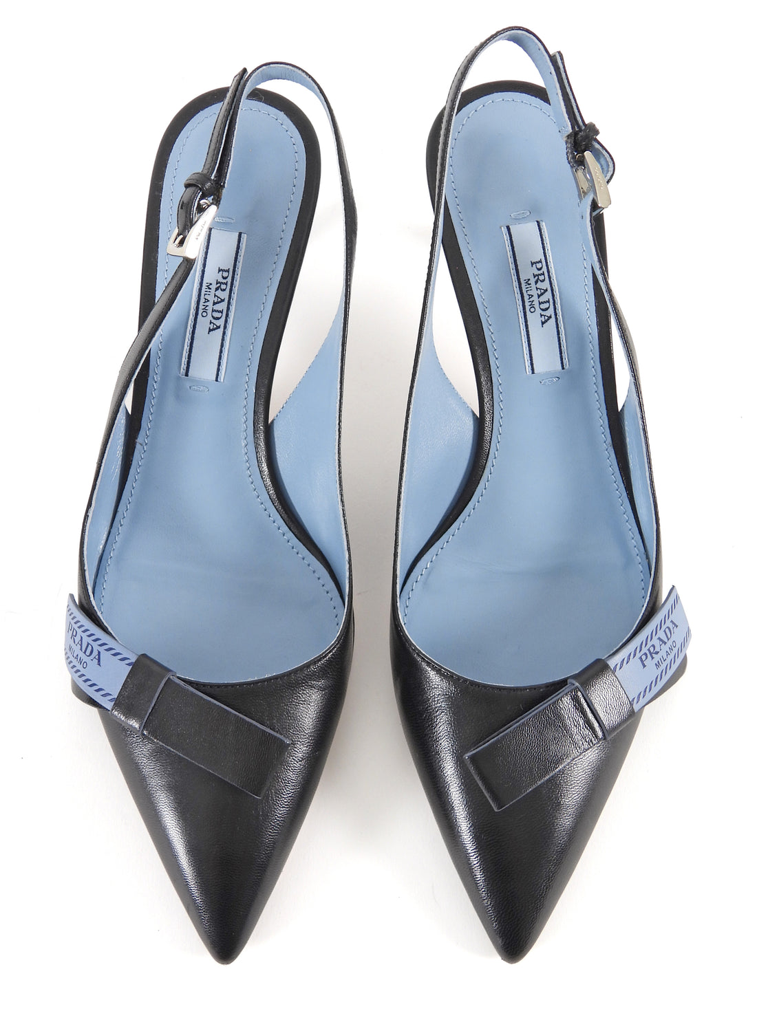 Prada Black Blue Smooth Leather Logo Ribbon Pointed Slingback Kitten Heels - 35.5