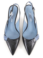 Prada Black Blue Smooth Leather Logo Ribbon Pointed Slingback Kitten Heels - 35.5