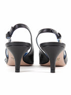 Prada Black Blue Smooth Leather Logo Ribbon Pointed Slingback Kitten Heels - 35.5