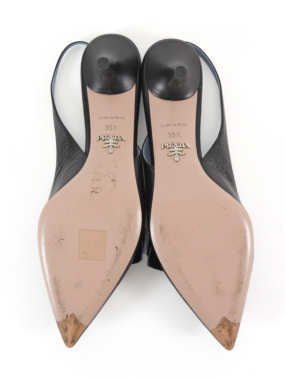 Prada Black Blue Smooth Leather Logo Ribbon Pointed Slingback Kitten Heels - 35.5