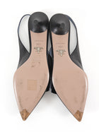 Prada Black Blue Smooth Leather Logo Ribbon Pointed Slingback Kitten Heels - 35.5