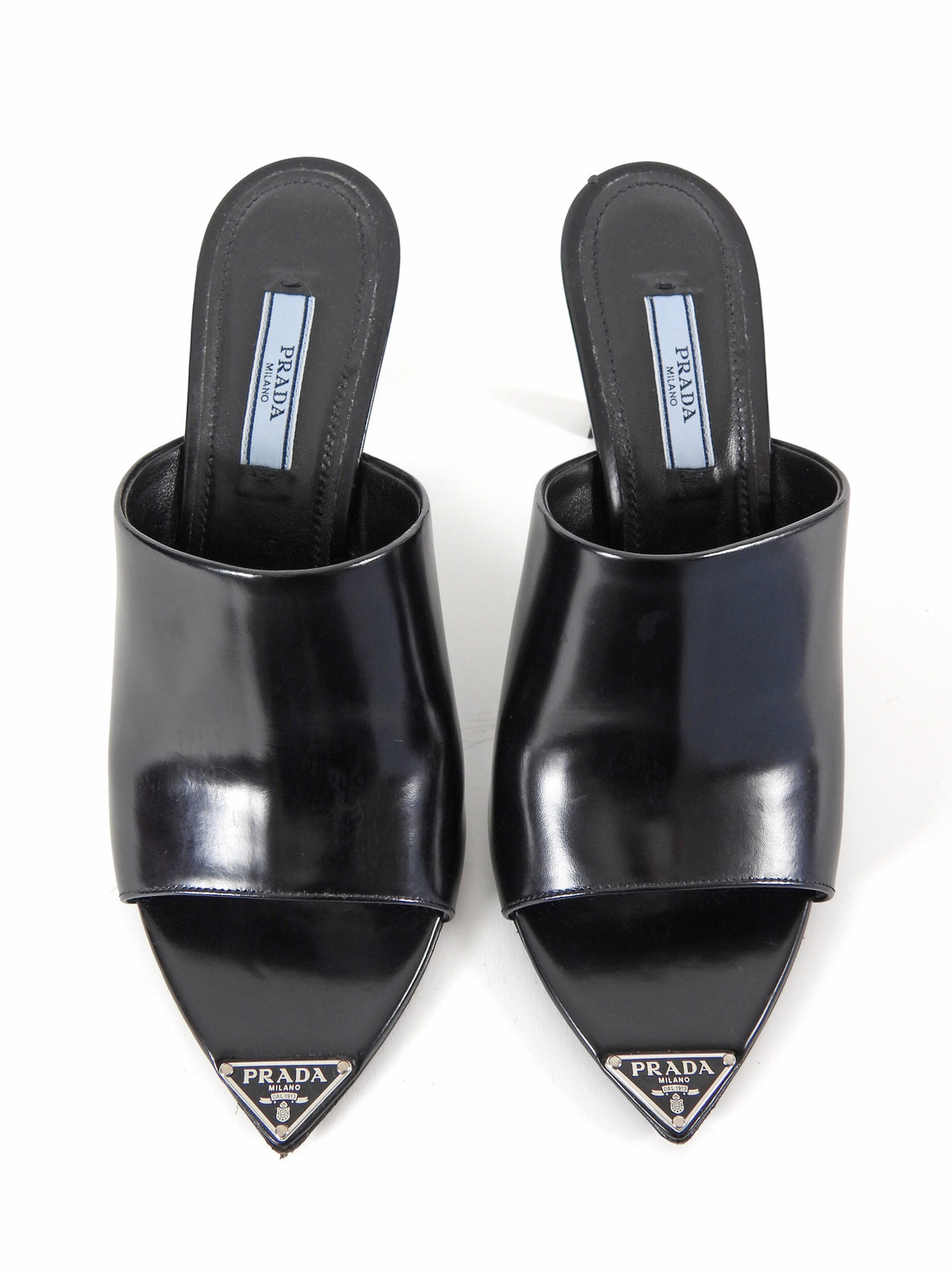 Prada Black Brushed Leather Open High Heel Mules - 37