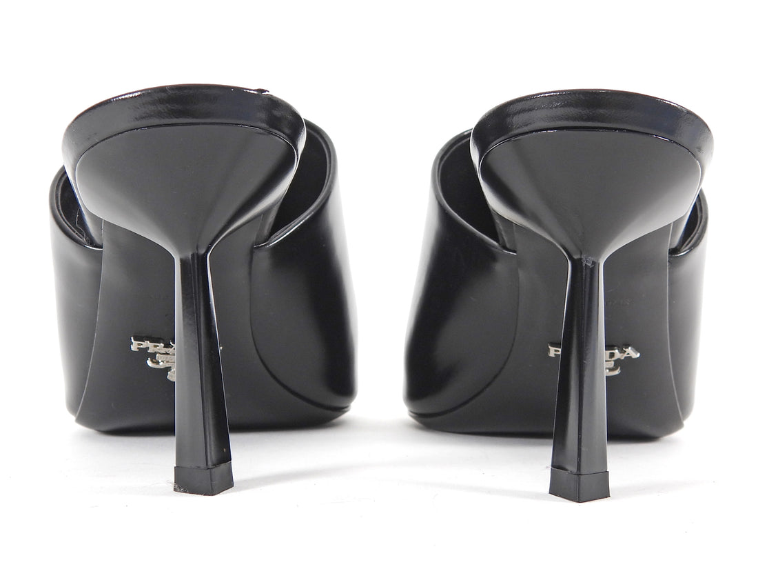 Prada Black Brushed Leather Open High Heel Mules - 37
