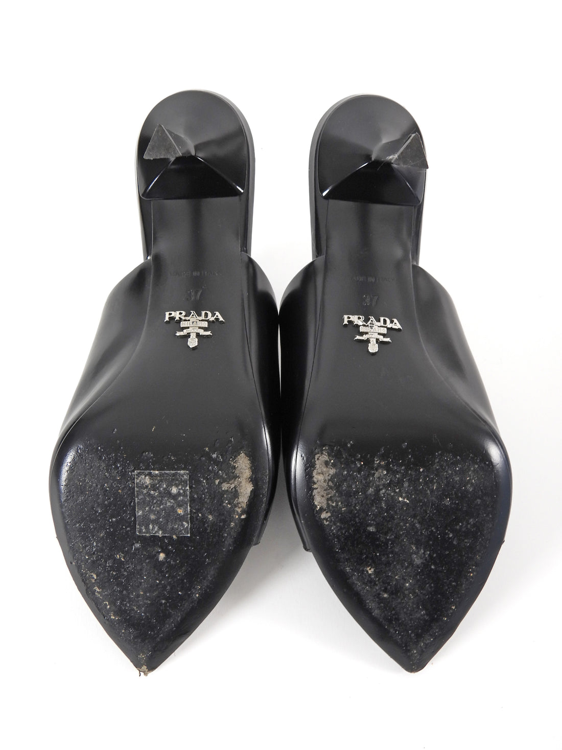 Prada Black Brushed Leather Open High Heel Mules - 37