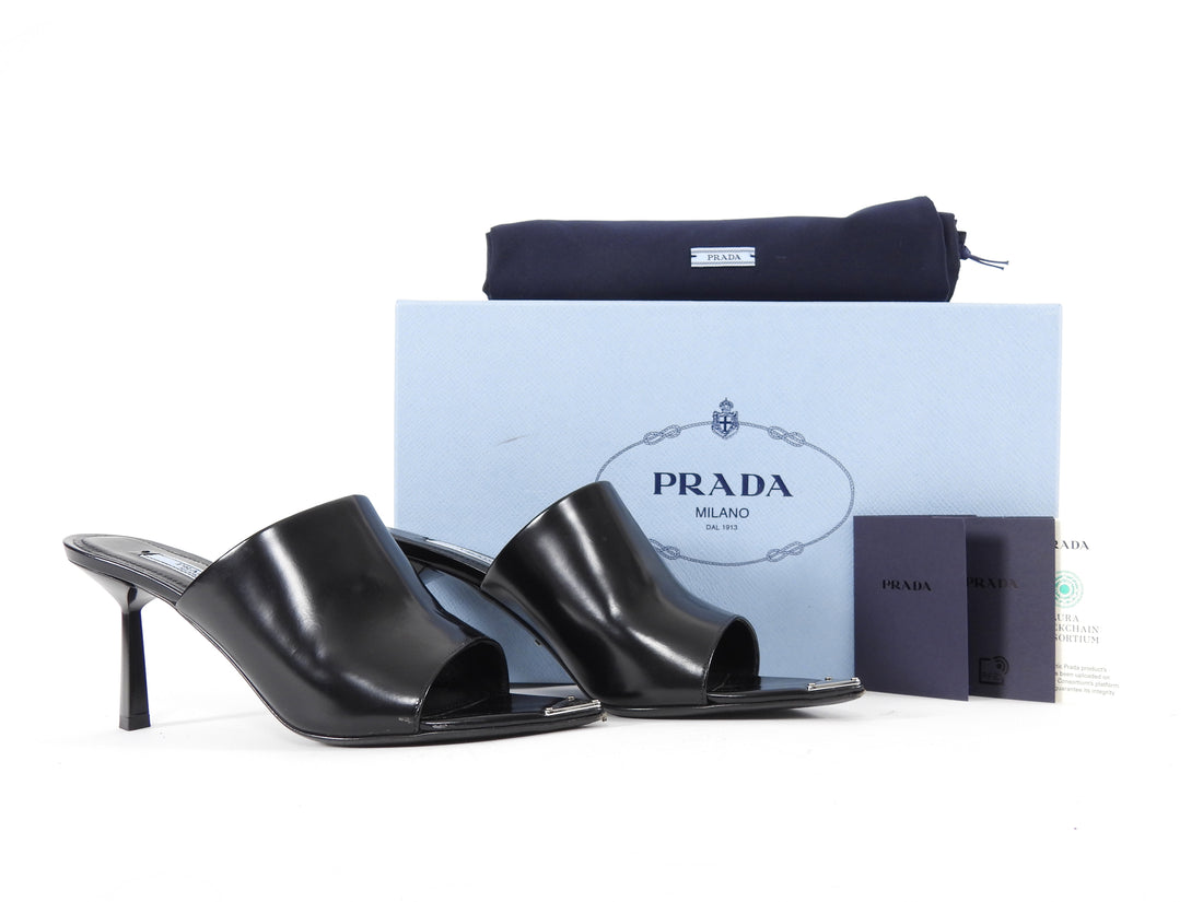 Prada Black Brushed Leather Open High Heel Mules - 37
