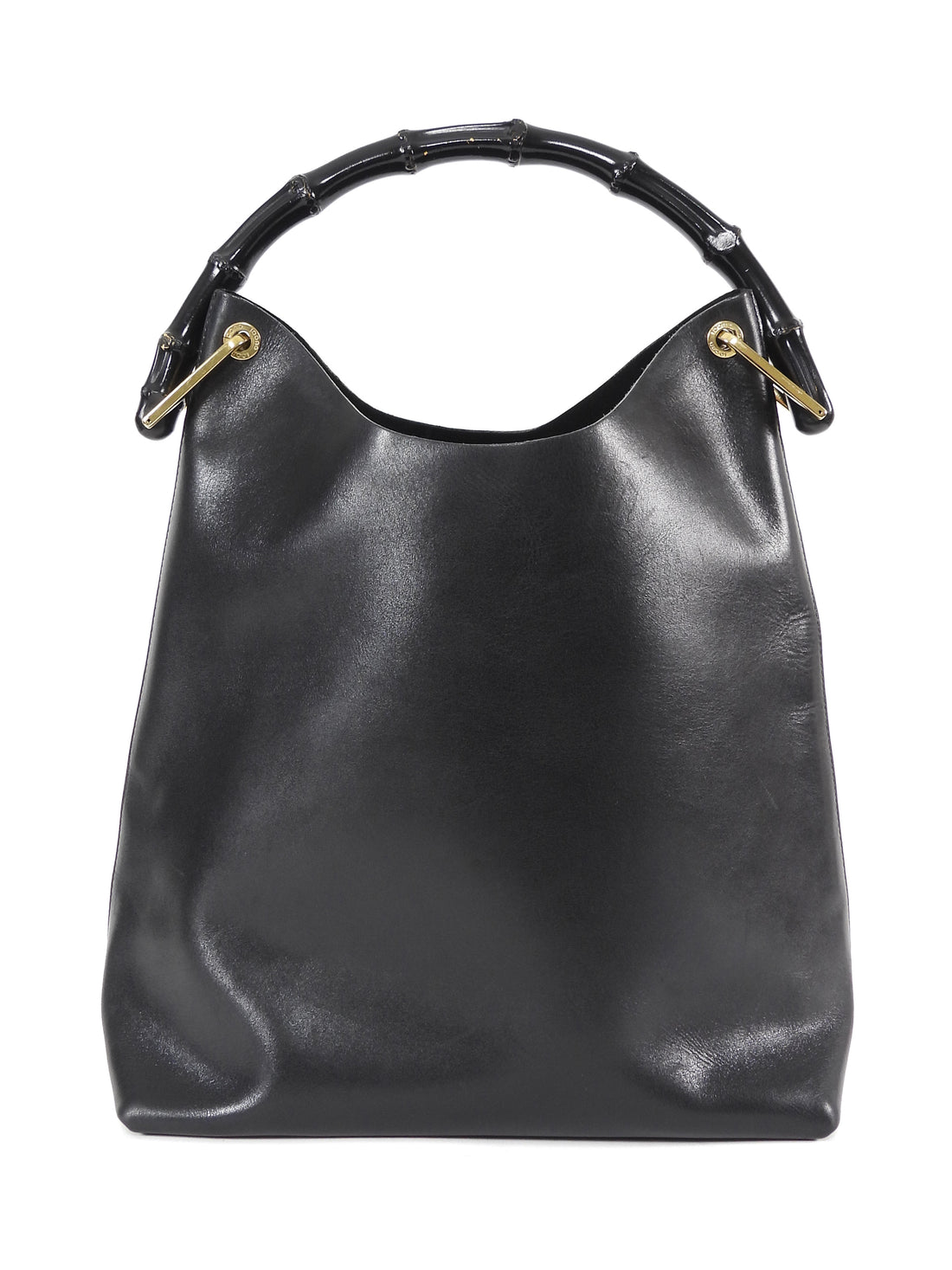 Gucci Black Vintage Smooth Leather Bamboo Handle Medium Tote Bag