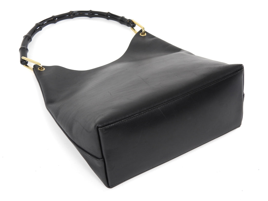 Gucci Black Vintage Smooth Leather Bamboo Handle Medium Tote Bag