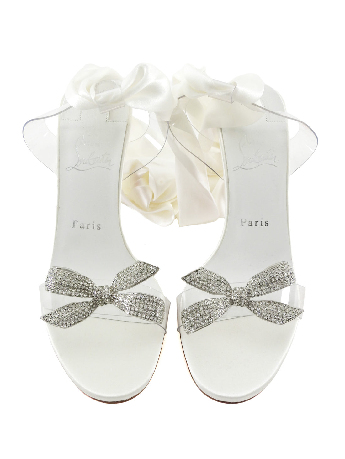 Louboutin Ivory Astrinodo Crystal Bow Satin Tie Heel Sandals - 38.5