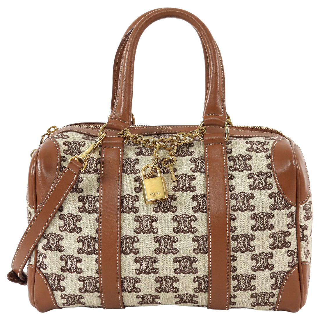Celine Canvas Triomphe Logo and Leather Boston Small Bag