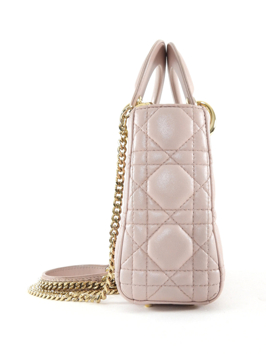 Christian Dior Mini Lady Dior Cannage Quilted Blush Pink Pearly Leather Two Way Bag GHW