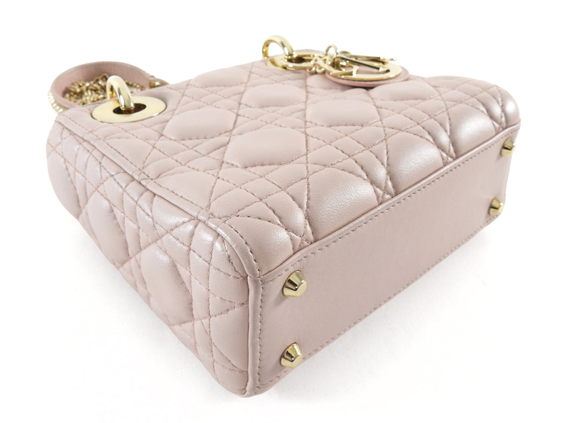 Christian Dior Mini Lady Dior Cannage Quilted Blush Pink Pearly Leather Two Way Bag GHW