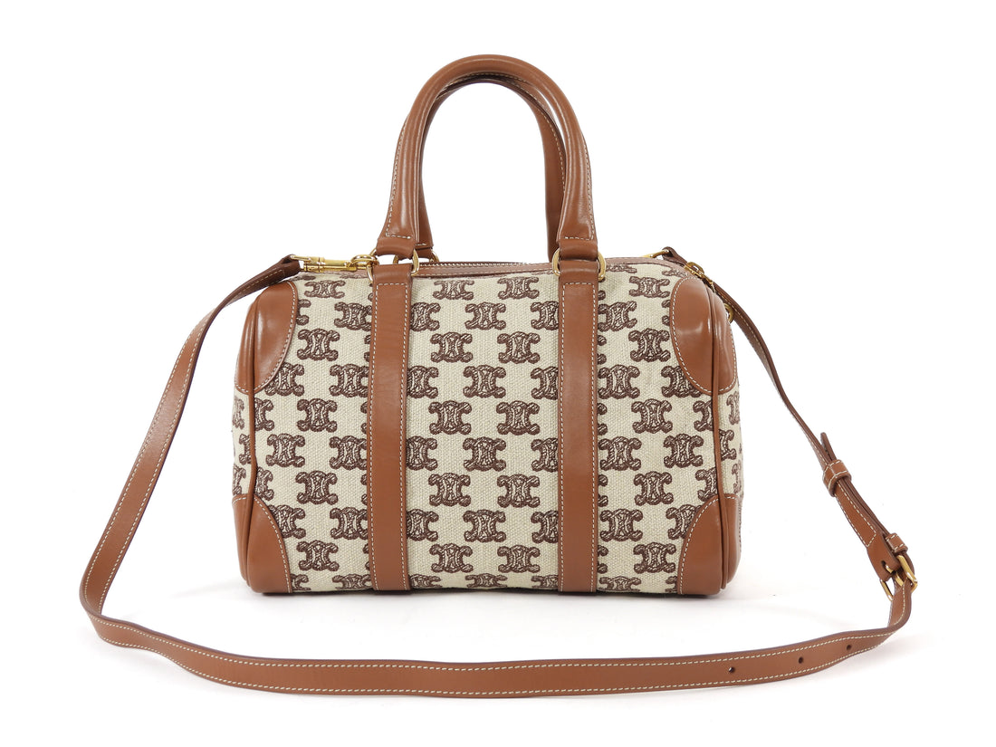 Celine Canvas Triomphe Logo and Leather Boston Small Bag