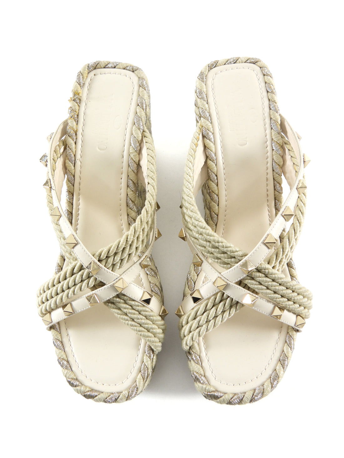 Valentino Beige Rockstud Torchon Espadrille Wedge Sandals - 40