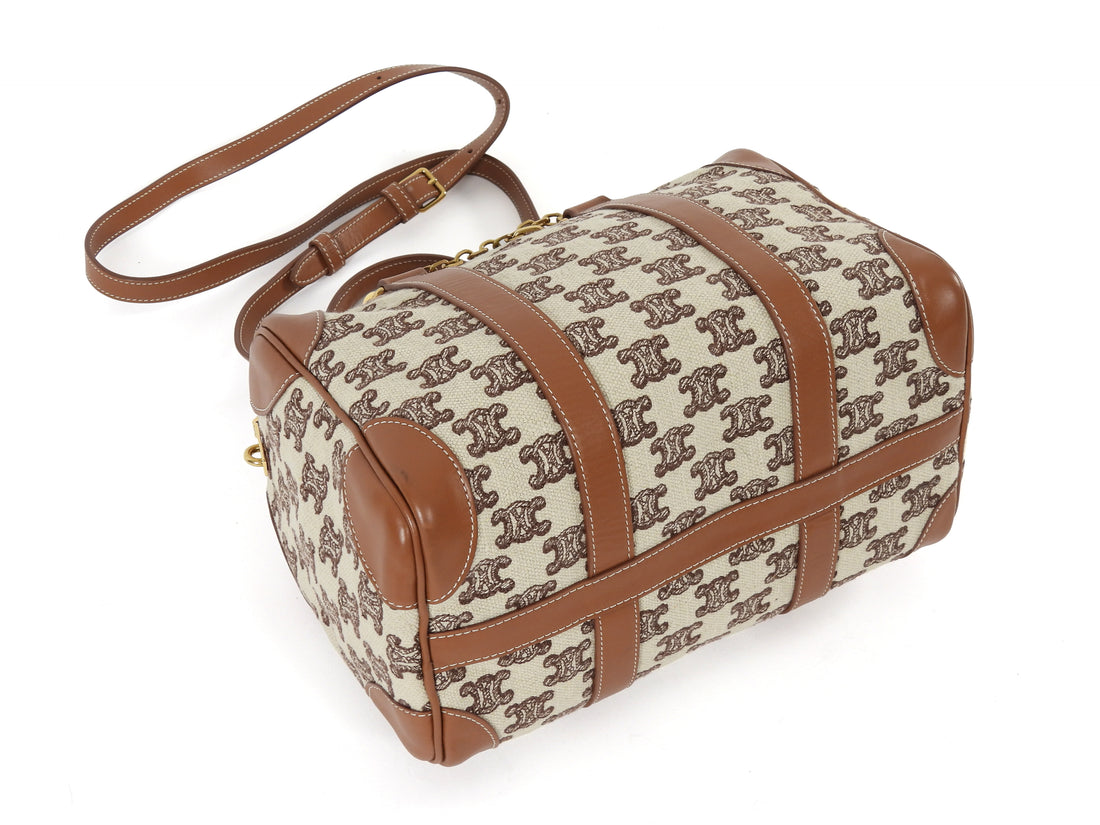 Celine Canvas Triomphe Logo and Leather Boston Small Bag
