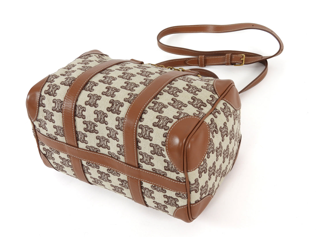 Celine Canvas Triomphe Logo and Leather Boston Small Bag