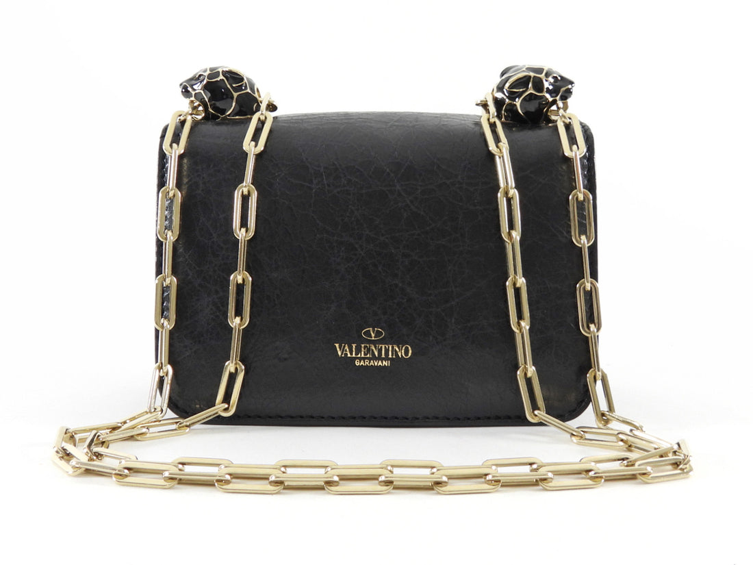 Valentino Black Aged Leather Enamel Panther Heads Chain Flap Bag Mini