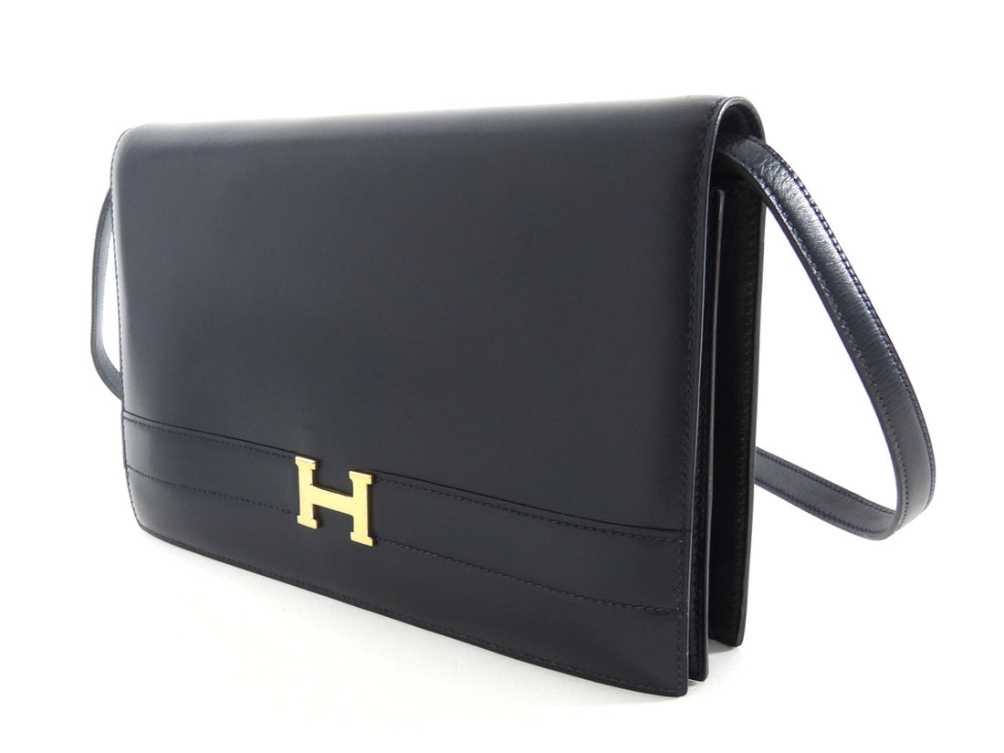 Hermes Vintage 1984 Midnight Navy Box Leather H Annie Clutch Bag with Strap 24cm