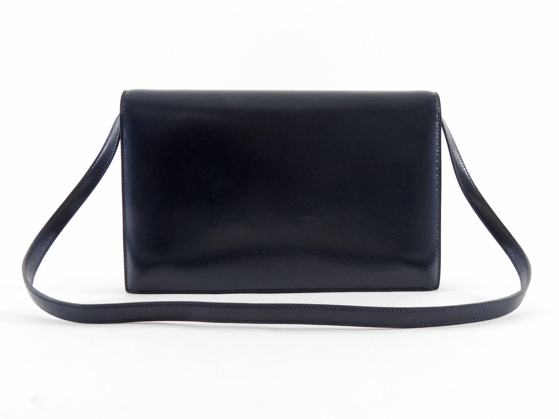 Hermes Vintage 1984 Midnight Navy Box Leather H Annie Clutch Bag with Strap 24cm