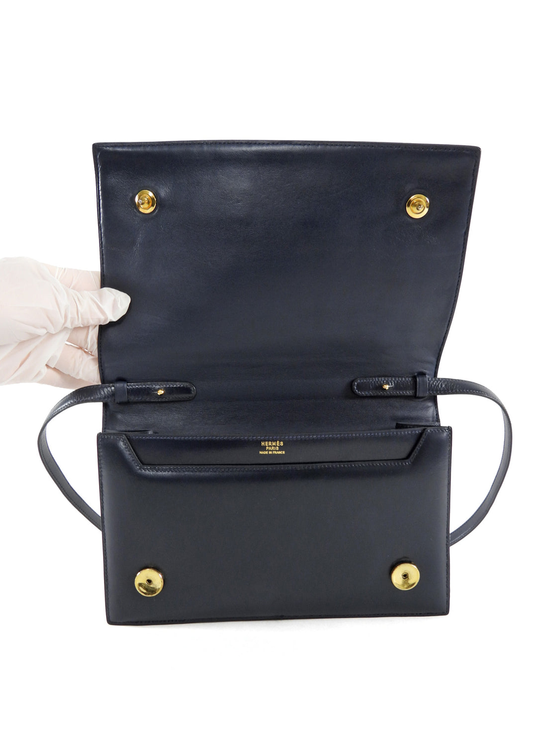 Hermes Vintage 1984 Midnight Navy Box Leather H Annie Clutch Bag with Strap 24cm