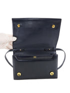 Hermes Vintage 1984 Midnight Navy Box Leather H Annie Clutch Bag with Strap 24cm