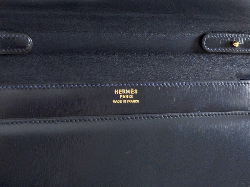 Hermes Vintage 1984 Midnight Navy Box Leather H Annie Clutch Bag with Strap 24cm