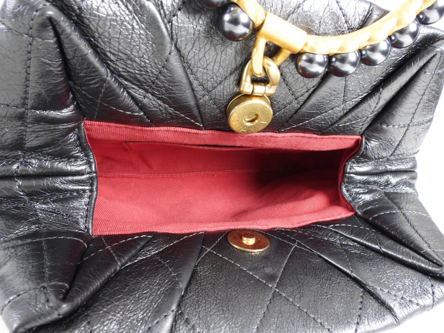 Chanel Quilted Dark Charcoal Grey Aged Lambskin Pearl Crown Clutch Bag