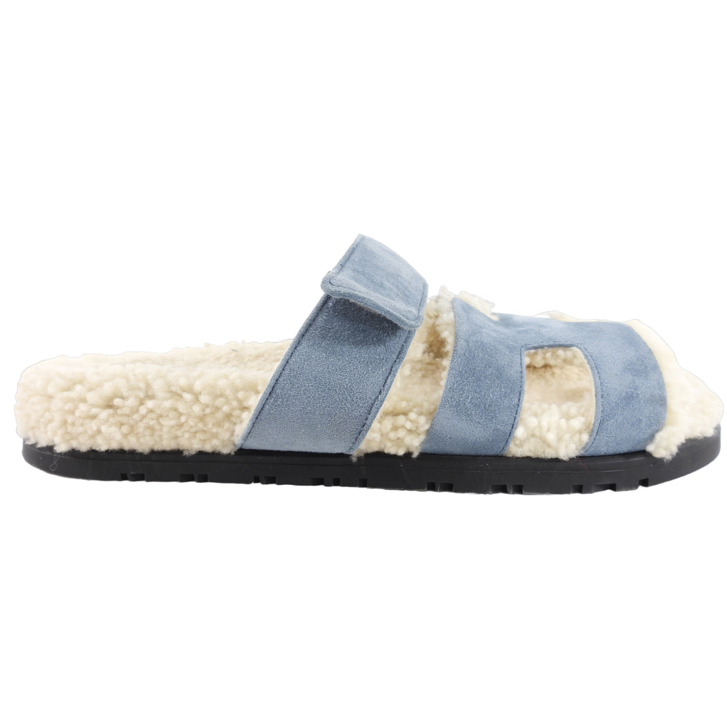 Hermes Blue Suede Shearling Chypre Slide Sandals - 36.5