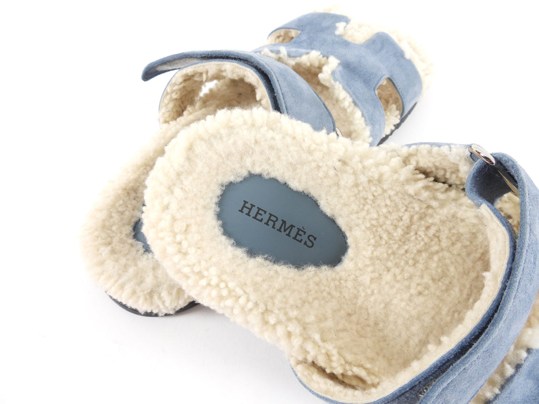 Hermes Blue Suede Shearling Chypre Slide Sandals - 36.5