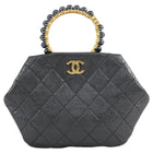 Chanel Quilted Dark Charcoal Grey Aged Lambskin Pearl Crown Clutch Bag