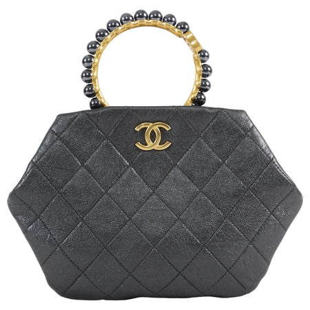 Chanel Quilted Dark Charcoal Grey Aged Lambskin Pearl Crown Clutch Bag