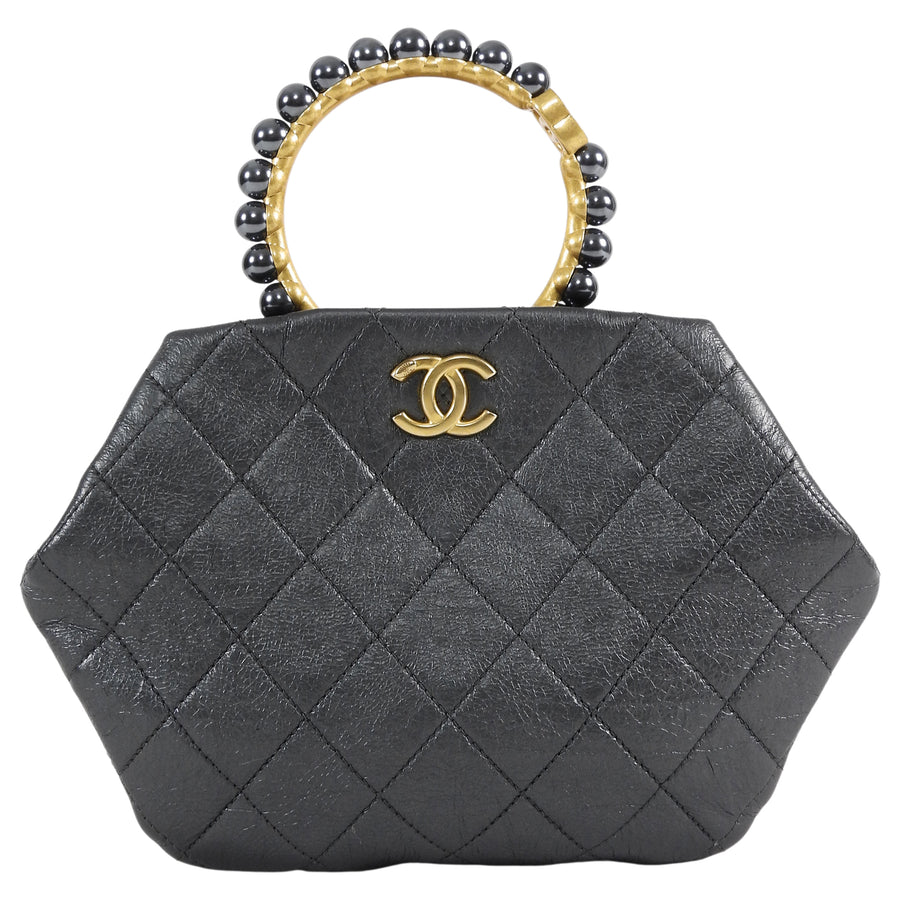 Chanel Quilted Dark Charcoal Grey Aged Lambskin Pearl Crown Clutch Bag