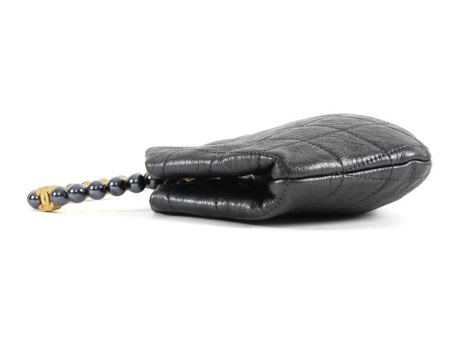 Chanel Quilted Dark Charcoal Grey Aged Lambskin Pearl Crown Clutch Bag