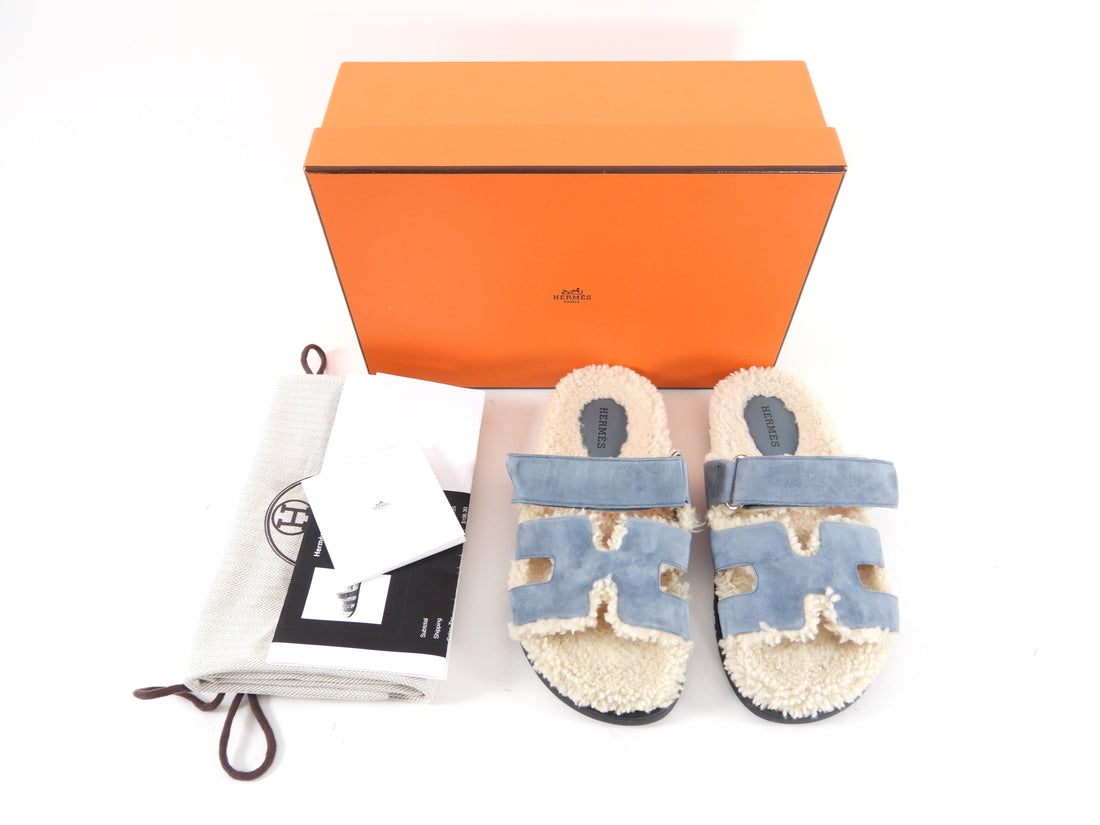 Hermes Blue Suede Shearling Chypre Slide Sandals - 36.5