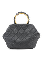 Chanel Quilted Dark Charcoal Grey Aged Lambskin Pearl Crown Clutch Bag