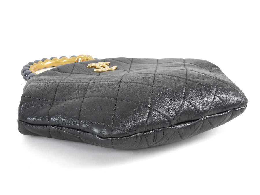 Chanel Quilted Dark Charcoal Grey Aged Lambskin Pearl Crown Clutch Bag