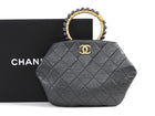 Chanel Quilted Dark Charcoal Grey Aged Lambskin Pearl Crown Clutch Bag