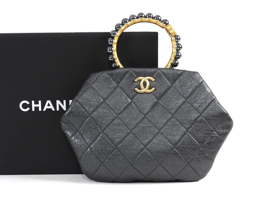 Chanel Quilted Dark Charcoal Grey Aged Lambskin Pearl Crown Clutch Bag